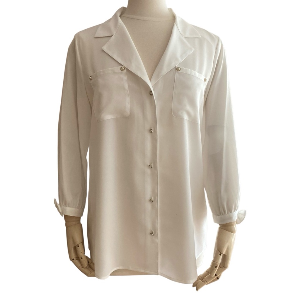 KARL LAGERFELD | Ivory Pearl Button Shirt with Bow Cuff 3/4 Sleeve Size L